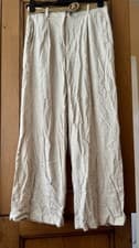 Image of Ladies Primark Beige Wide Leg Linen Trousers With Belt Size 8 (28”W 28”L) BNWOT
