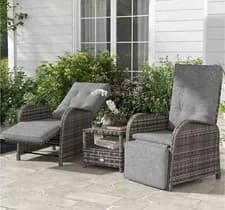 Image of 3 Piece Rattan Reclining Garden Chair Set with Footrests & Table Patio Outdoor