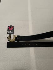Image of True Religion TR304820 Shoup Belt Mens Horseshoe Buckle Belt Black/Gold Size 40