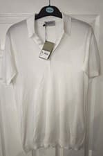Image of John Smedley Mens White Knitted Polo Shirt Size Small BNWT RRP £195 Made in UK