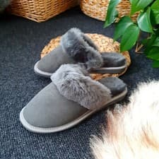 Image of Womens Genuine Sheepskin Mule Slippers Suede Leather Fur Collar Brown Grey Pink