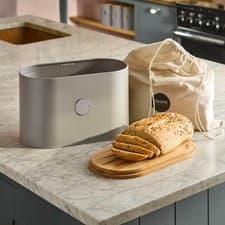Image of Ribbed Bread Bin with Bag & Cutting Board Lid Food Storage Canister 8 Colours