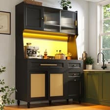 Image of Kitchen Cupboard Storage Cabinet with Adjustable Shelves, Drawers & Rattan Doors