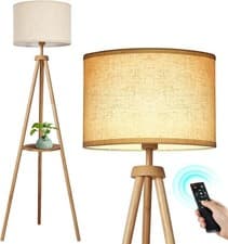 Image of Solid Wooden Tripod Floor Lamp, Bulb Included, Standing Lamp with Remote Control
