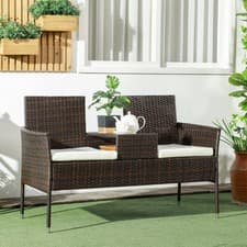Image of Rattan Companion Bench Set Patio Garden Furniture Love Seat Sofa Table Chair Set