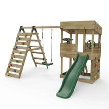 Image of Rebo Lookout Tower Playhouse with Swing and Climbing Wall plus 6ft Slide - Crest