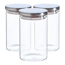 Image of 3x Glass Storage Jar with Metal Lids Modern Kitchen Food Storage 1 Litre Silver