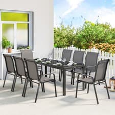 Image of 8 Seater Garden Dining Set with Stackable Chairs, Tempered Glass Top, Black