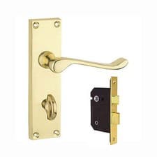 Image of Victorian Scroll Bathroom Door Handle Polished Brass Lock Included 63mm or 76mm