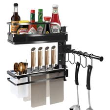 Image of Spice Rack Basket Kitchen Corner Shelf Organiser Storage Hooks Wall Holder Caddy