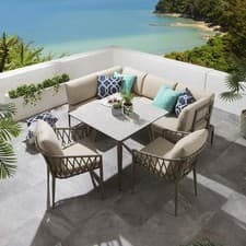 Image of Aluminium Garden Dining Set 6-Seat Outdoor Bench Table & Chairs Ceramic Beige L1