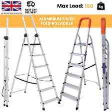 Image of Lightweight Step Ladders 6 Step, Compact Aluminium, Portable Tall Folding Ladder