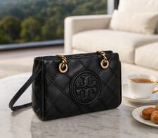 Image of NEW Tory Burch Soft Fleming Black Leather Small Chain Tote Bag + Shoulder Strap