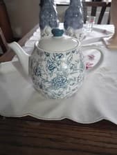 Image of White With Blue Pattern Flower China Teapot Never Used Excellent Condition