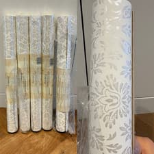 Image of LAURA ASHLEY ANNECY White/Dove Grey Damask Style Wallpaper - 5 Rolls - Read Desc