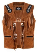 Image of Men's Cowboy Western Style Native American Leather Vest Tan Suede Beaded Fringe