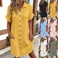 Image of UK Women's Ladies Loose Short Sleeve Shirt Dress Button Casual Dresses Plus Size