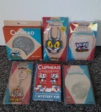 Image of Cuphead Bundle Limited Edition Badge Coin Mystery Pin Coasters You Died! Keyring