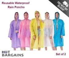 Image of 2 x Waterproof Adult Rain Poncho Reusable Plastic Raincoat for Camping Festival