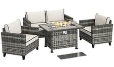 Image of 5-Piece Rattan Patio Furniture Set with Gas Fire Pit Table, Loveseat Sofa. Grey