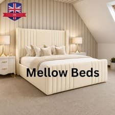 Image of Winged Headboard Ottoman Storage Bed Frame Luxury Velvet Upholstered Double King
