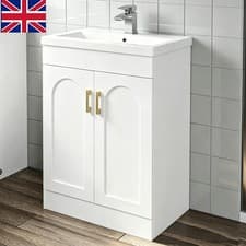 Image of Freestanding Vanity Unit Basin Sink Bathroom Storage Cabinet Gloss White 600mm