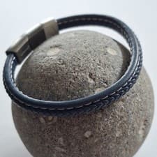 Image of Fred Bennett bracelet leather navy Plait stainless steel stitch adjustable brush
