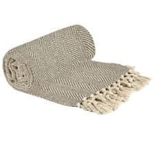 Image of 100% Cotton Herringbone Throw Natural Stone Fringe Tassel Sofa Bed Chair Blanket