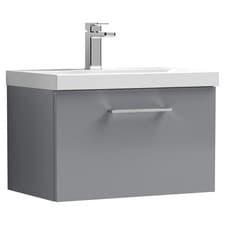 Image of Nuie Arno Satin Grey 600mm Wall Hung Single Drawer Vanity Unit and Mid Edge Cera