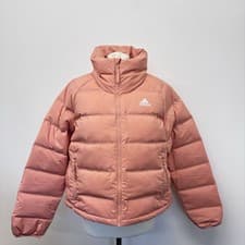 Image of Adidas Helionic Down Short Puffer Jacket Size Small Peach Pink Down Filled New