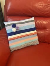 Image of Colourful striped knitted cushion cover with pom pom Size 37x37 Handmade