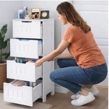 Image of 4 Drawer Bathroom Storage Cabinet White Floor Standing Waterproof Slim Unit PVC