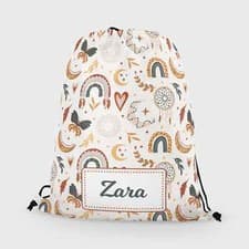 Image of Personalised Girls Boho Rainbow Kids Drawstring Bag PE Swimming School Bag
