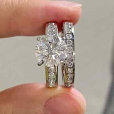 Image of 3.15 TCW Round Cut Moissanite Bridal Set Engagement Ring 14K White Gold Plated