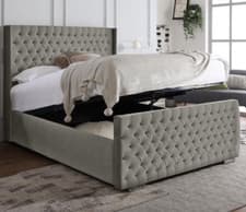 Image of OTTOMAN STORAGE CHESTERFIELD PLUSH VELVET BED FRAME- WINGED HEADBOARD