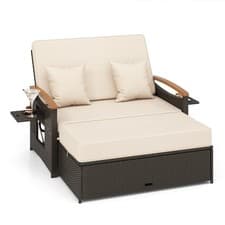 Image of Outdoor Sun Lounger Daybed Rattan Woven Loveseat Ottoman Set Adjustable Backrest