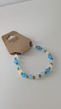 Image of Handmade Blue Glass Bead Bracelet with Gold Tone Metal