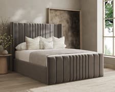 Image of Luxury Ottoman Winged Panel Bed Frame Plush Velvet Upholstered Gas Lift Storage
