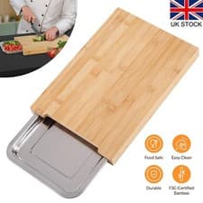 Image of Large Bamboo Chopping Board Stainless Steel Removable Tray Food Prep Block UK