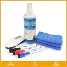 Image of Complete Whiteboard Cleaning Kit Eraser 250ml Spray 3 Cloths 3 Markers 8pc Set