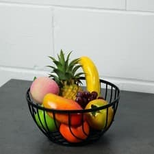 Image of Round Fruit Basket Black Flat Iron Metal Storage Bowl Holder Stand Kitchen Rack