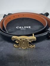 Image of Genuine CELINE Leather Belt with Gold TRIOMPHE Logo Buckle Reversible Tan Black