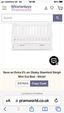 Image of Obaby Stamford MINI Sleigh Cot Bed & Drawer (White) - Suitable From Birth