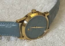 Image of Gucci G-Timeless YA1264097 blue GG dial leather gold tone 38mm ladies Watch