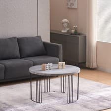 Image of Coffee Table 80 cm Round Grey Top with Black Metal Legs Contemporary Modern Home