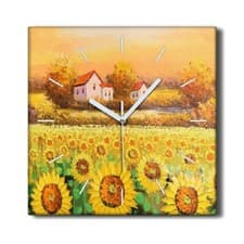 Image of Silent Wall Clock Canvas 30x30 Painting Meadow Sunflowers Trees Landscape