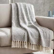 Image of Cotton Geometric Throw Large Grey Fringe Tassel Sofa Bed Chair Blanket 170x200cm