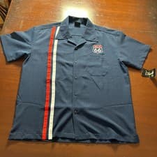 Image of Steady Clothing Route 66 Racer Bowling Shirt Mens Size L Blue Button-Up New Tag
