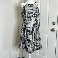 Image of Adrianna Papell Black Ivory Swirl Print Halter Neck Dress Sz 10 Wedding NWT