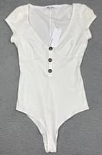 Image of Reformation Marten Bodysuit Top M Ivory Ribbed Knit Button Front Cap Sleeve Tee